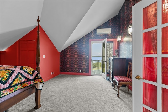 bedroom featuring lofted ceiling, carpet flooring, a wall unit AC, and access to exterior