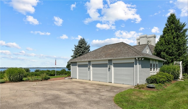 garage with a water view