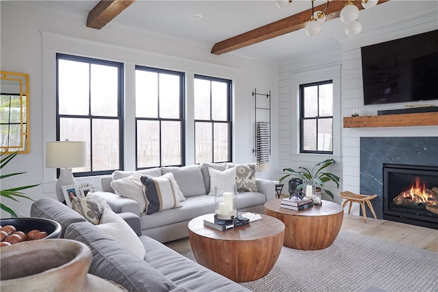 living room featuring beamed ceiling and wood-type flooring