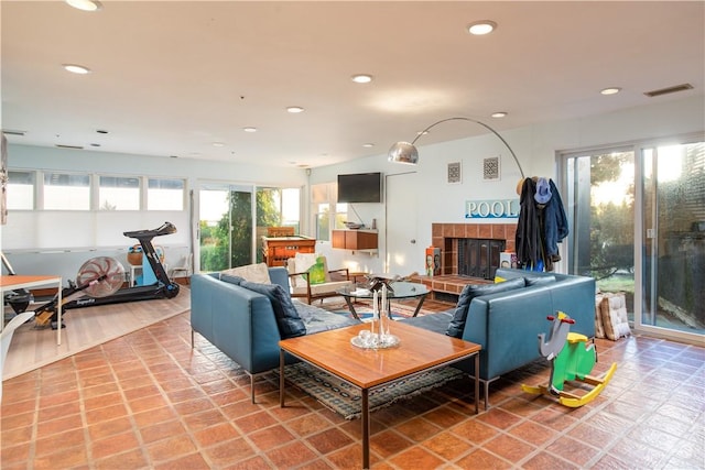 150 Southern Way, Charlestown, RI 02813 - living room with recessed lighting and a tile fireplace