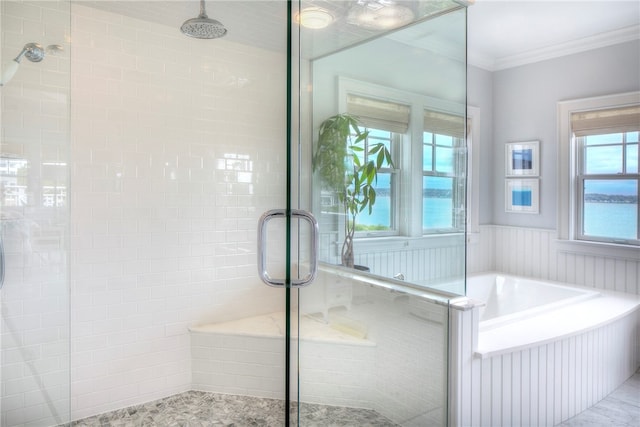 bathroom with separate shower and tub, ornamental molding, and tile patterned floors