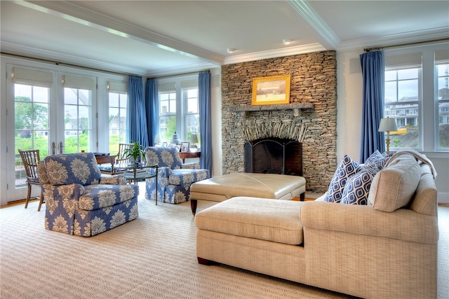 living room with a fireplace and a healthy amount of sunlight