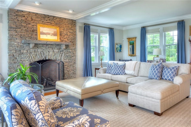 living room featuring a stone fireplace and ornamental molding