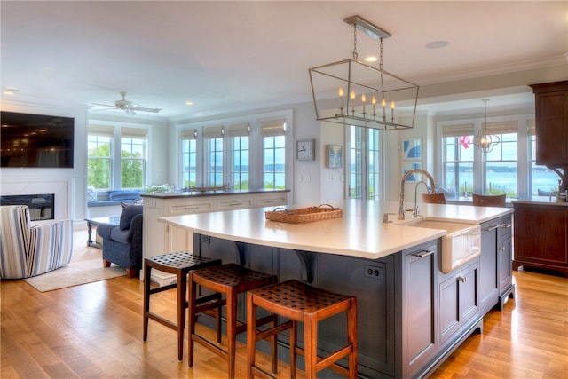 kitchen with light hardwood / wood-style flooring, pendant lighting, ceiling fan with notable chandelier, a kitchen island with sink, and sink