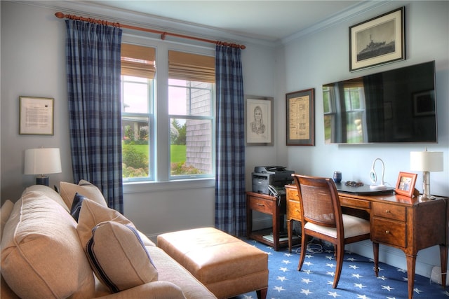 office with carpet floors and ornamental molding