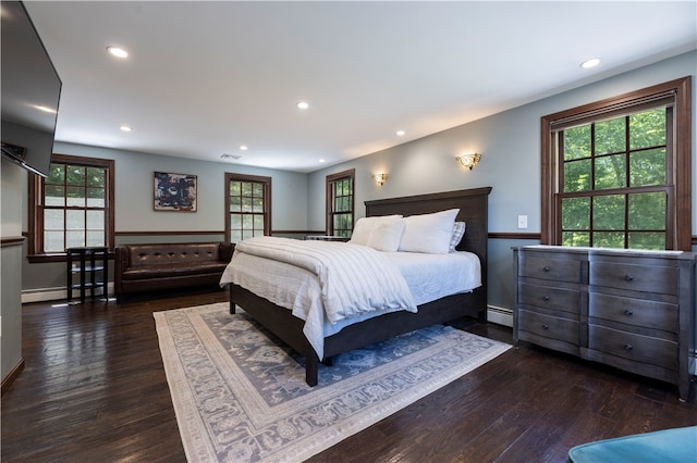 bedroom featuring dark hardwood / wood-style flooring, multiple windows, and a baseboard radiator