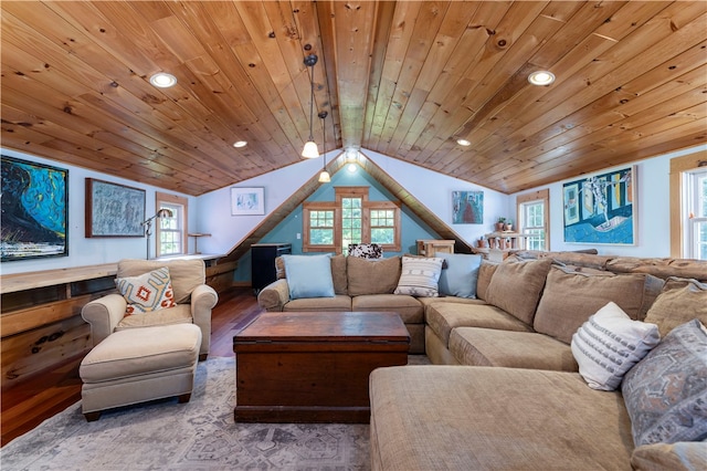 living room with wooden ceiling, vaulted ceiling, and hardwood / wood-style flooring