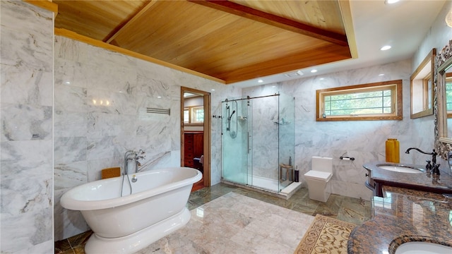 full bathroom with tile patterned flooring, vanity, and wooden ceiling