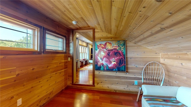 interior space with wood walls, lofted ceiling, and wood-type flooring