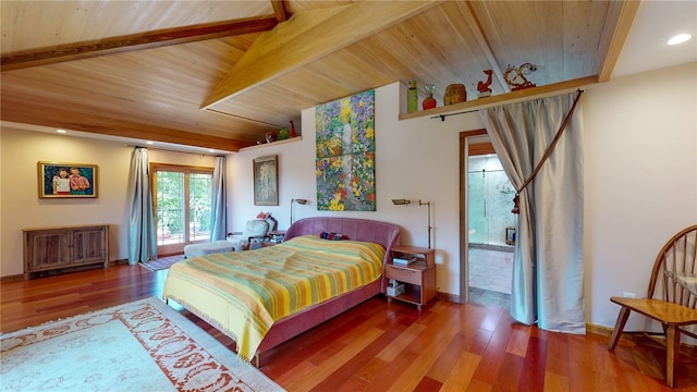 bedroom with beam ceiling, wooden ceiling, and hardwood / wood-style flooring