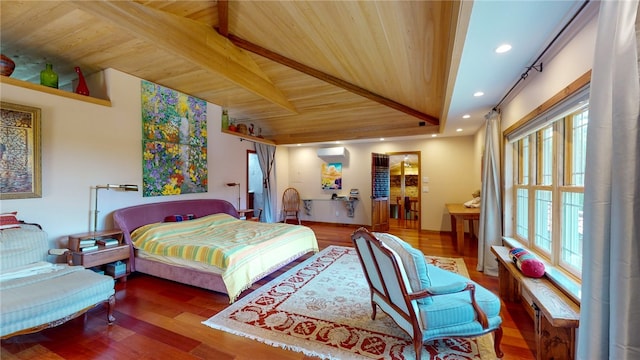 bedroom with a wall mounted AC, hardwood / wood-style floors, and wood ceiling