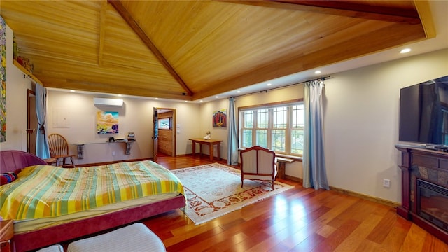 bedroom with hardwood / wood-style floors, wood ceiling, and lofted ceiling