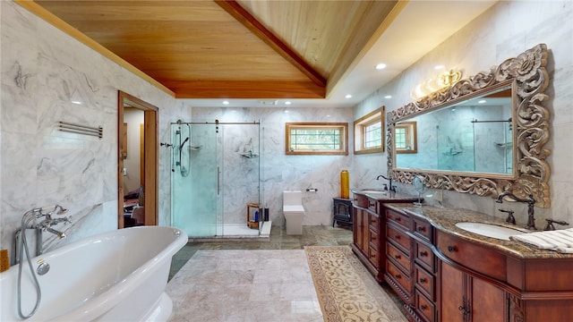 bathroom featuring vanity, tile patterned flooring, independent shower and bath, wood ceiling, and tile walls