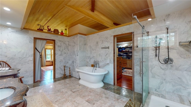 bathroom featuring vanity, tile patterned flooring, independent shower and bath, tile walls, and wooden ceiling