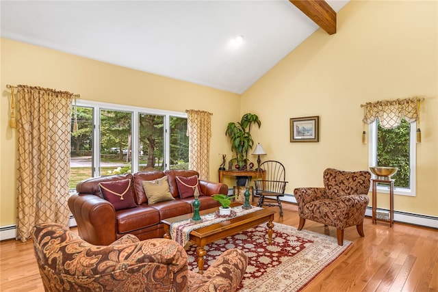 living room with beamed ceiling, light wood-type flooring, a baseboard radiator, and high vaulted ceiling