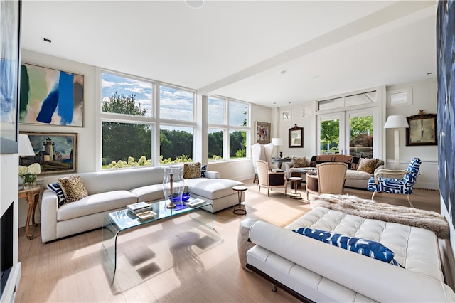 living room with light wood-type flooring and french doors