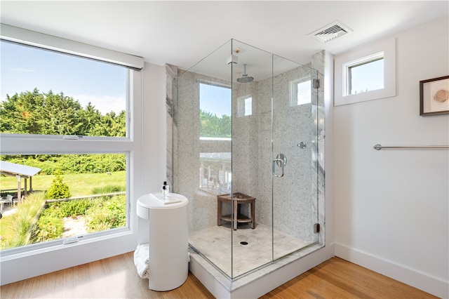 bathroom with a wealth of natural light, hardwood / wood-style flooring, and walk in shower