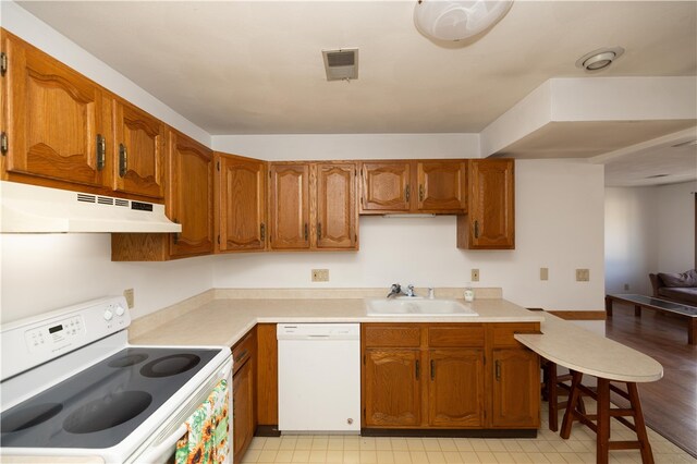 kitchen featuring light hardwood / wood-style floors, sink, stove, and white dishwasher