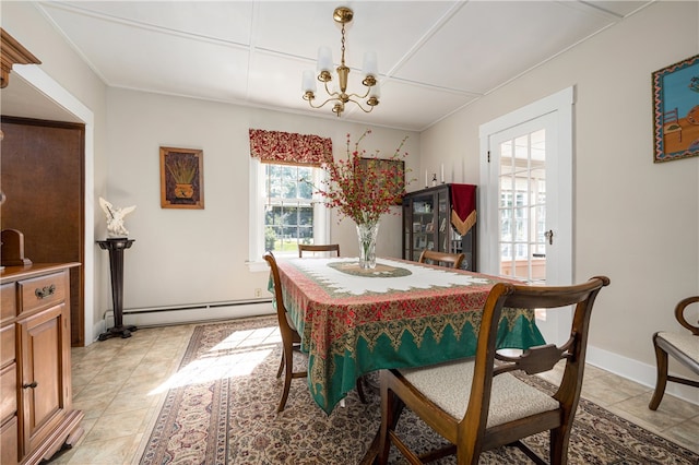 dining space with a baseboard heating unit, an inviting chandelier, and light tile patterned flooring