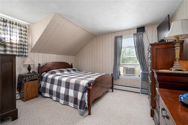 carpeted bedroom featuring cooling unit, baseboard heating, a textured ceiling, and vaulted ceiling