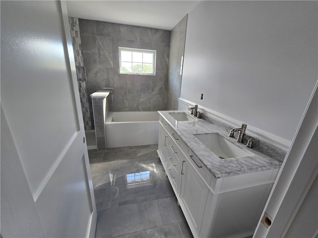 bathroom with vanity and plus walk in shower