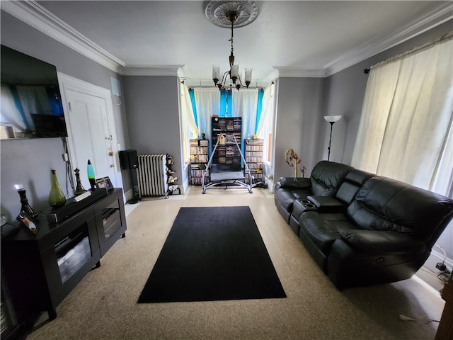 living room with ornamental molding, radiator, light carpet, and a notable chandelier