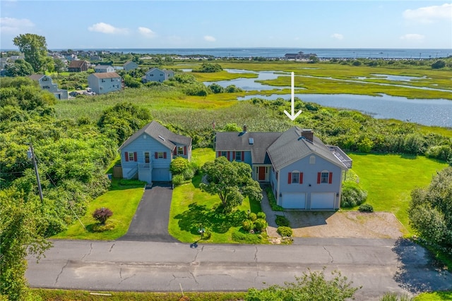 aerial view featuring a water view