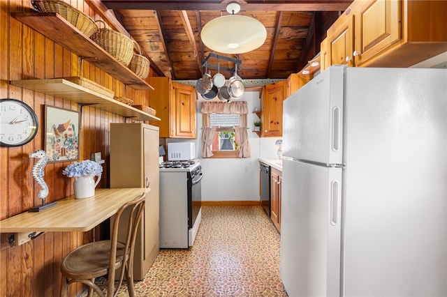 kitchen featuring wooden walls, white appliances, vaulted ceiling with beams, wooden ceiling, and light tile patterned flooring