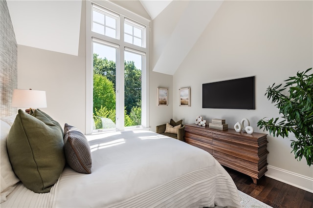 bedroom with dark hardwood / wood-style floors and high vaulted ceiling