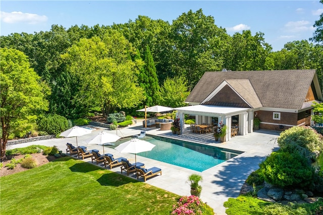 view of pool with a yard and a patio area