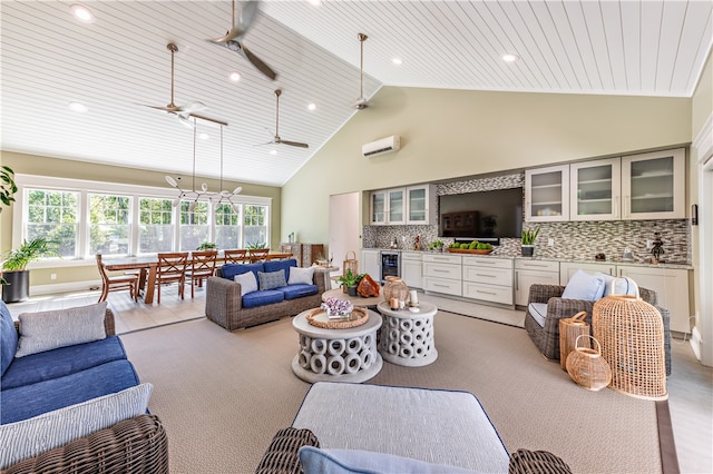 living room with a wall mounted air conditioner, wood ceiling, high vaulted ceiling, and ceiling fan