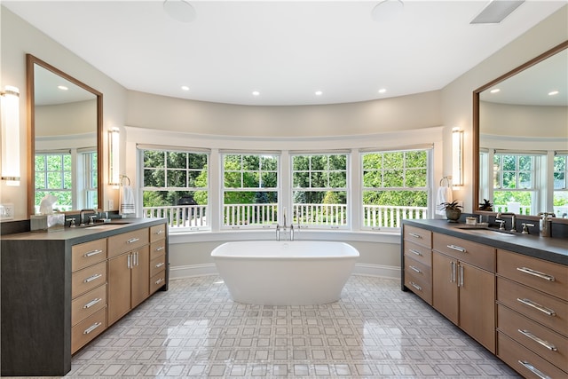 bathroom with a tub to relax in, a wealth of natural light, and vanity