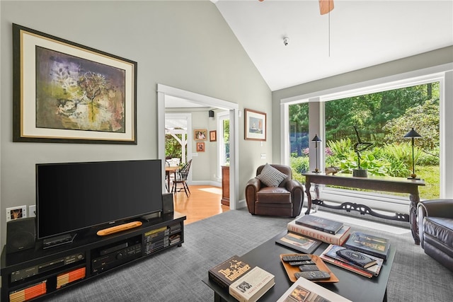 living room featuring plenty of natural light, hardwood / wood-style floors, and high vaulted ceiling