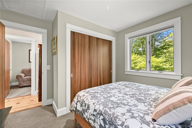 carpeted bedroom featuring a closet