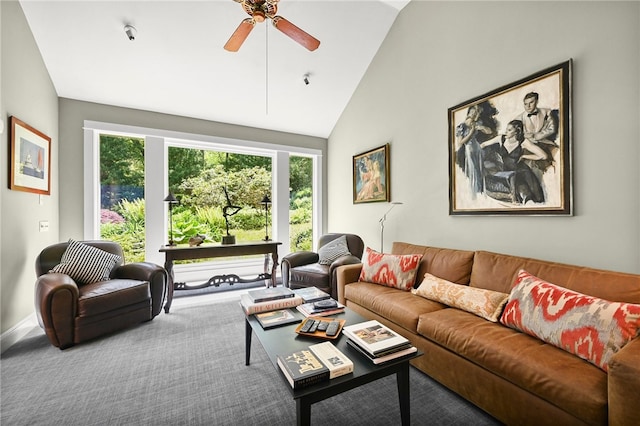 living room with high vaulted ceiling, carpet flooring, and ceiling fan