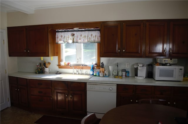 kitchen featuring ornamental molding, sink, white appliances, and beam ceiling