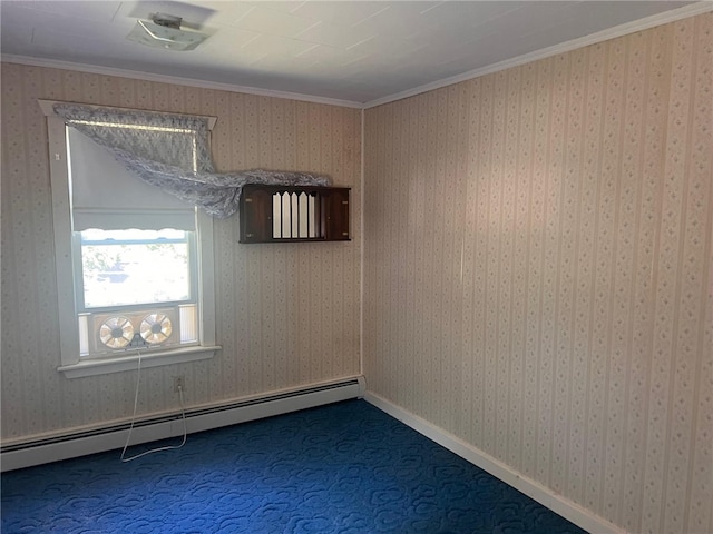 unfurnished room with baseboard heating, carpet, and ornamental molding