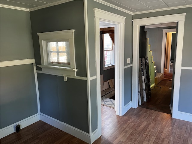 hallway with dark hardwood / wood-style floors and ornamental molding