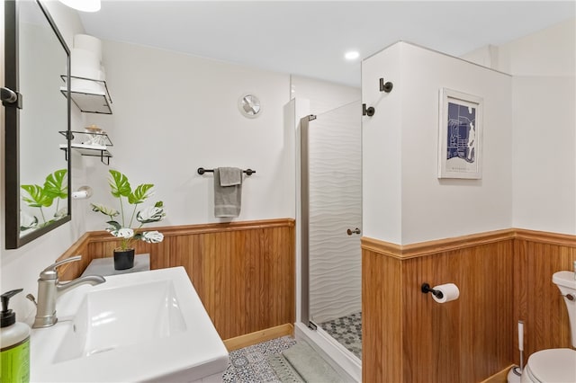 bathroom with vanity, a shower with shower door, and toilet