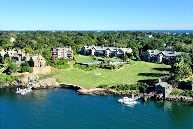 aerial view with a water view and a view of trees