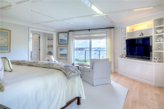 bedroom with crown molding, ceiling fan, coffered ceiling, and light hardwood / wood-style floors