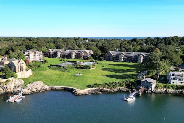 bird's eye view with a water view