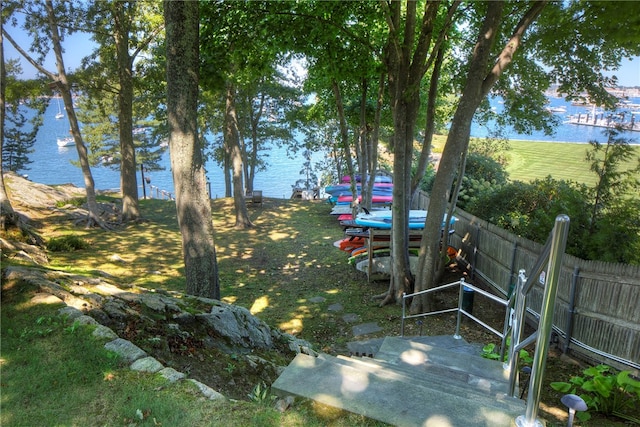 view of yard with a water view