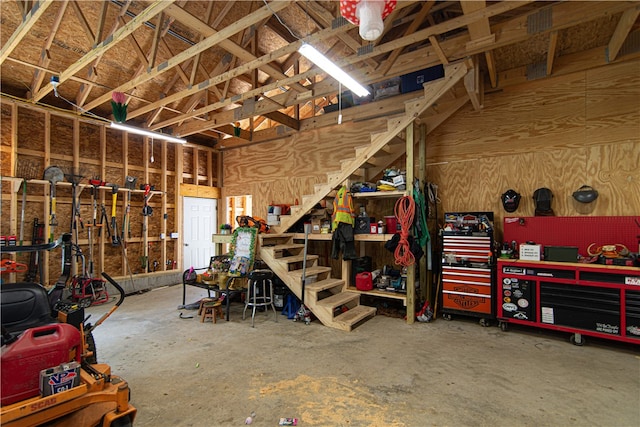 garage with a workshop area