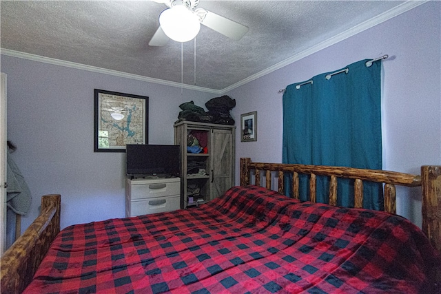 bedroom with a textured ceiling, ceiling fan, and ornamental molding