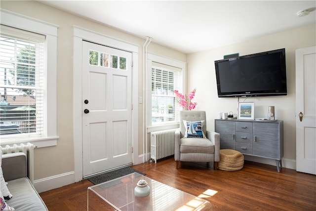 foyer entrance with dark hardwood / wood-style flooring and radiator heating unit