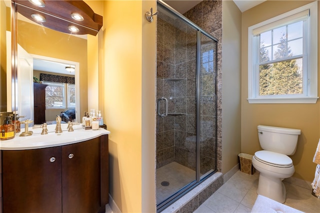 bathroom with tile patterned flooring, an enclosed shower, vanity, and toilet