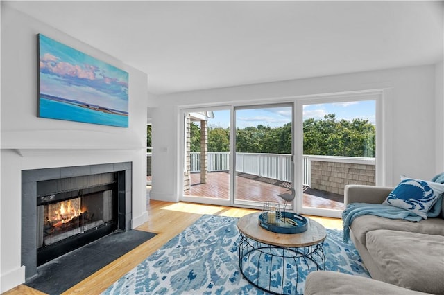 living room with a tiled fireplace and light hardwood / wood-style flooring