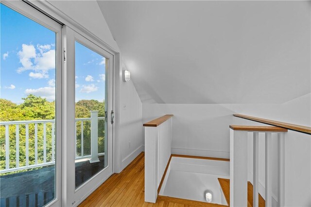 interior space with wood-type flooring, vaulted ceiling, and a wealth of natural light