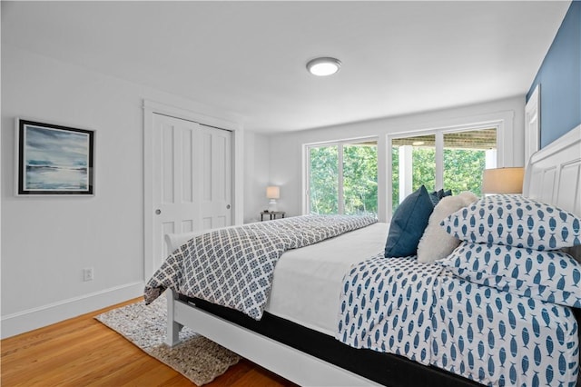 bedroom with hardwood / wood-style floors and a closet